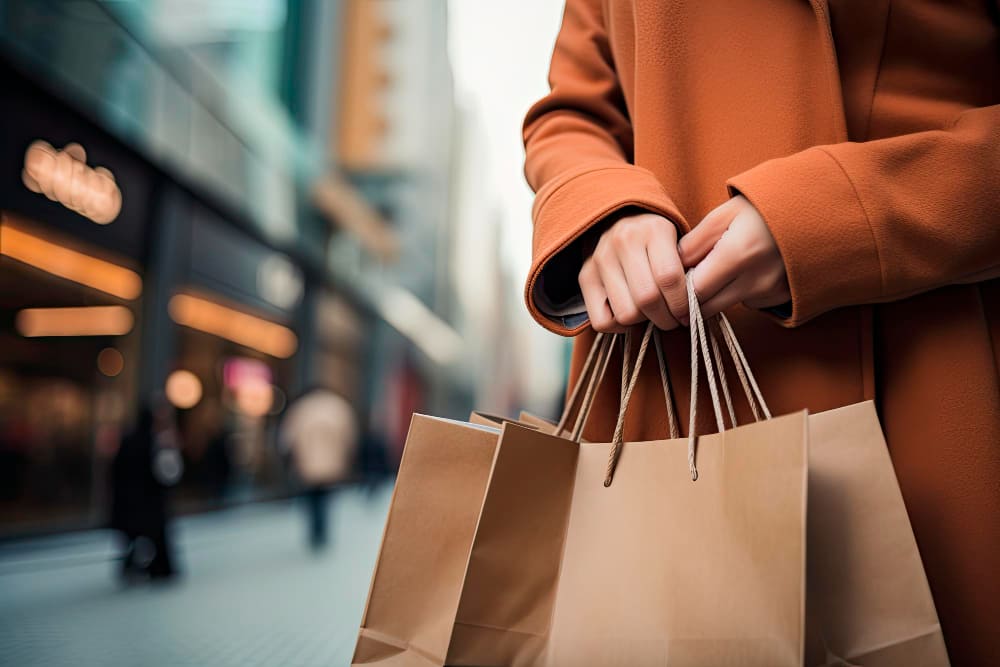 Um braço feminino com um casaco laranja segurando diversas sacolas de compra em alusão ao Google, representado pela empresa Alphabet comprando a empresa Hubspot.